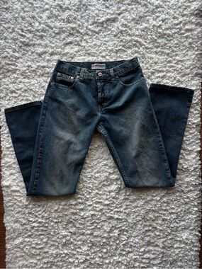 Vintage LONDON JEAN Women's Dark Blue Faded Straight Leg Jeans